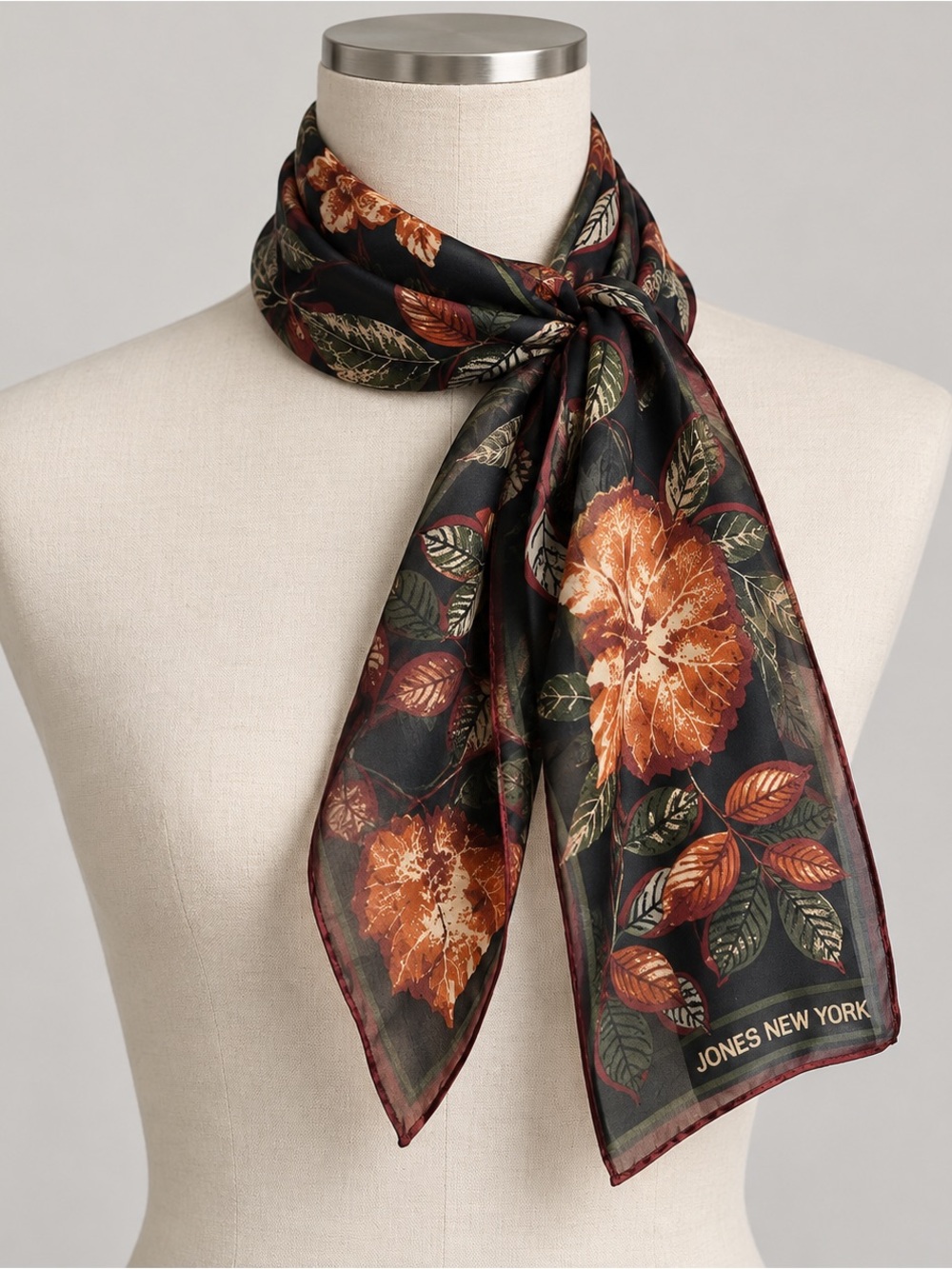 VTG 100% Silk Jones New York Scarf Fall Autumn Leaves Dark Academia Old Money 90